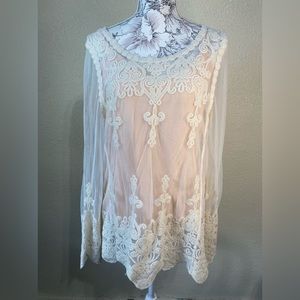 Umgee sheer crocheted detail asymmetrical‎ top/tunic